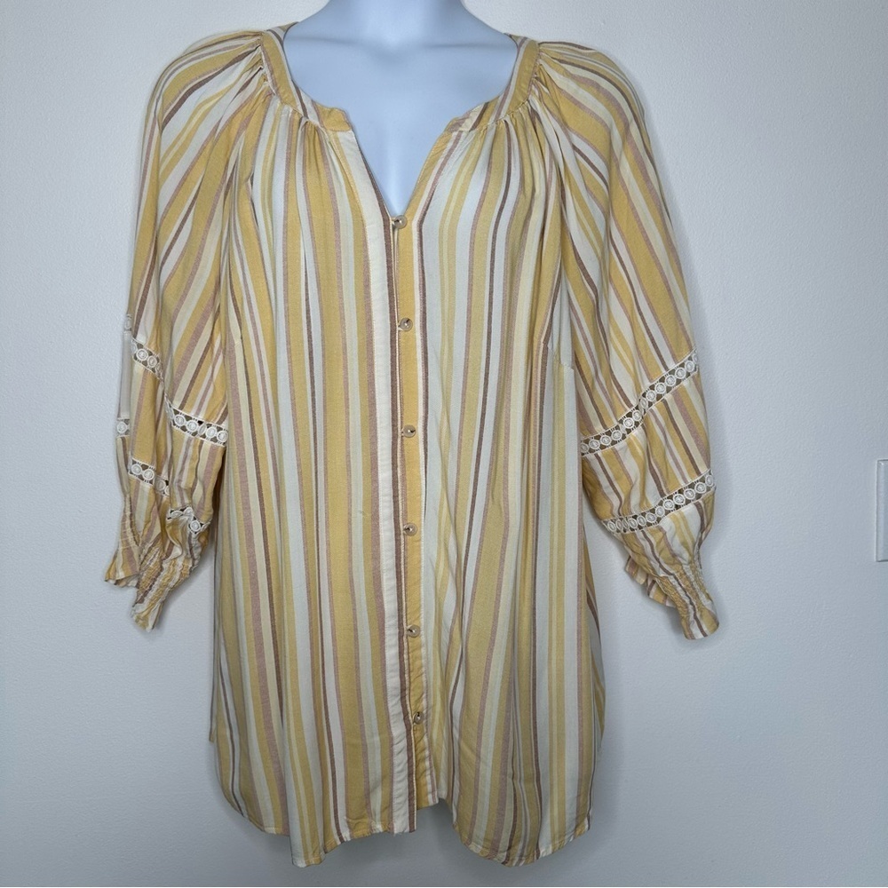 Como Black Striped Yellow Blouse Button‎ front Size 3X